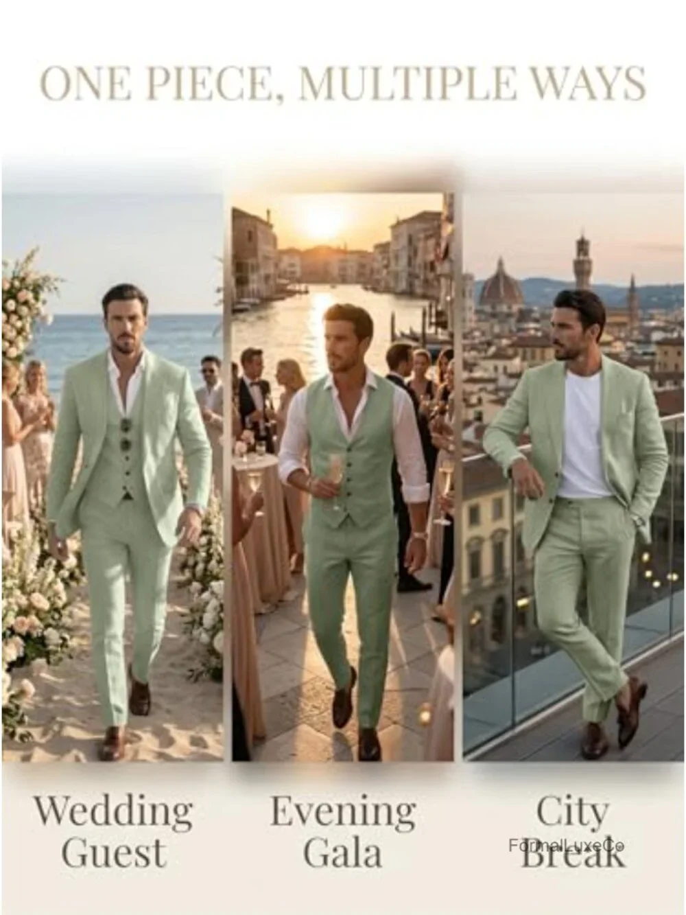 Men's 3 Piece Linen Suit Slim Fit Notch Lapel Blazer Vest Pants Set Wedding